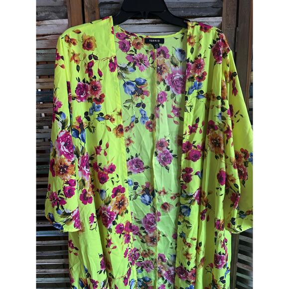 Torrid Neon Floral Yellow Duster Open Kimono Top 1/2 1X 2X Beachy - Picture 3 of 7